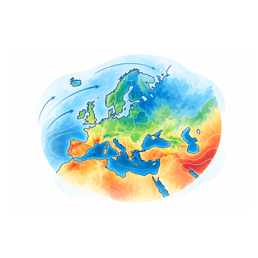 Editorial illustration of Europe and the Mediterranean Sea