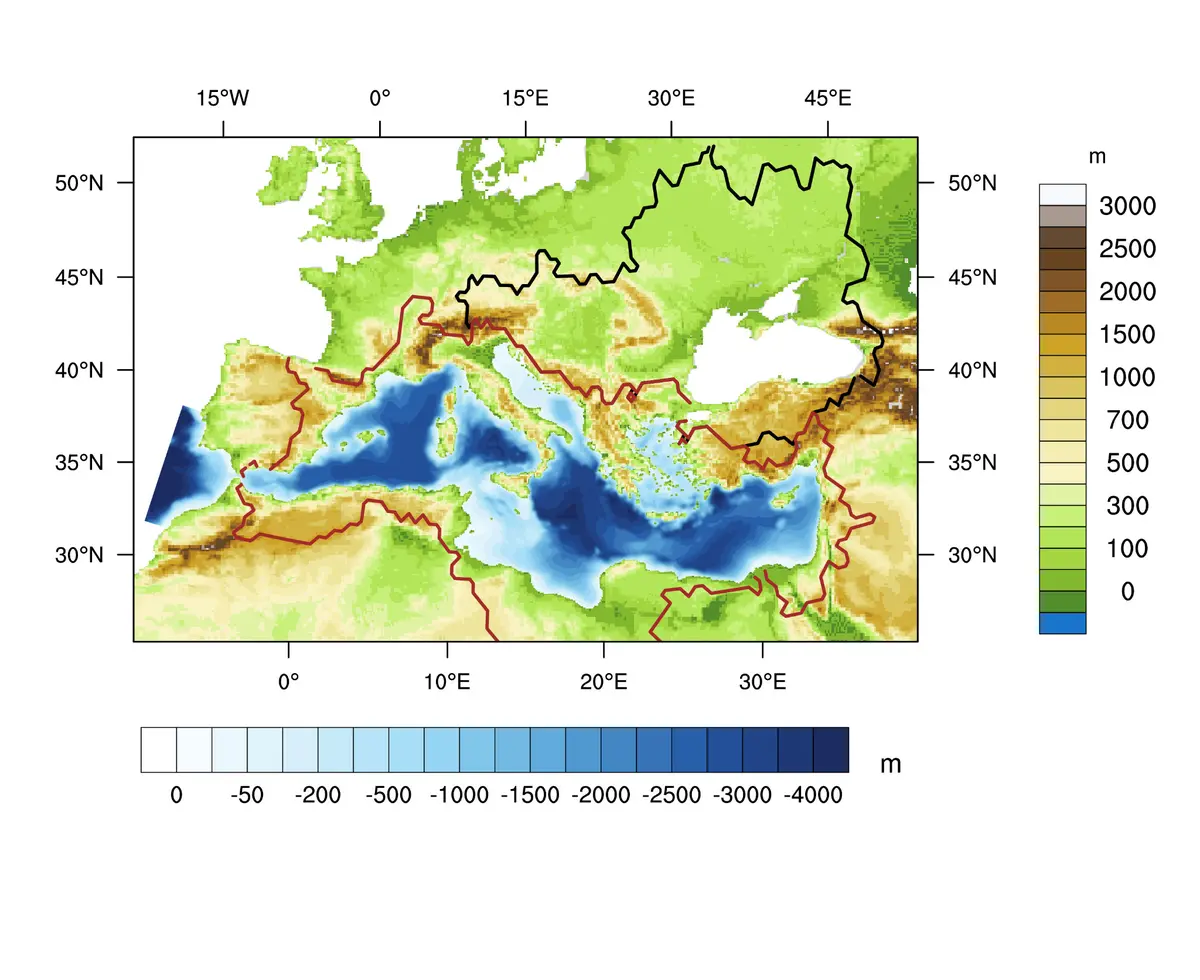 Euro-Mediterranean model domain showing topography and bathymetry with scales