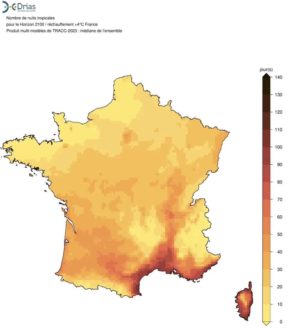 DRIAS map of tropical nights in France at a plus four degree warming level