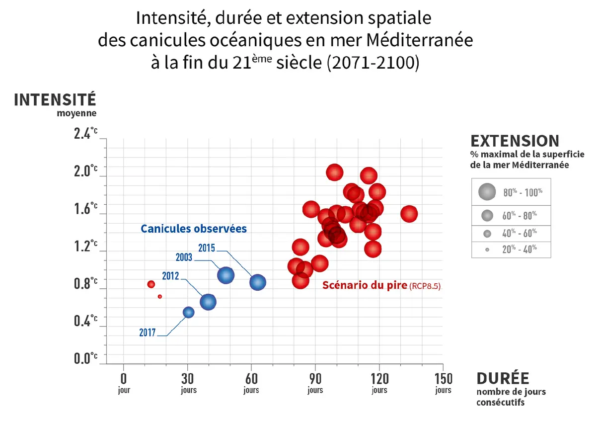 Chart of Mediterranean marine heatwave intensity, duration and spatial extent